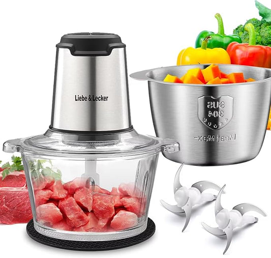 Liebe&Lecker Electric Food Chopper, 350W Food Processor with 2 Bowls | Dual 8-Cup Stainless Steel Meat Grinder, 2-Speed Vegetable Chopper with 4 Sharp Blades for Nuts, Puree Recipes, Zero BPA