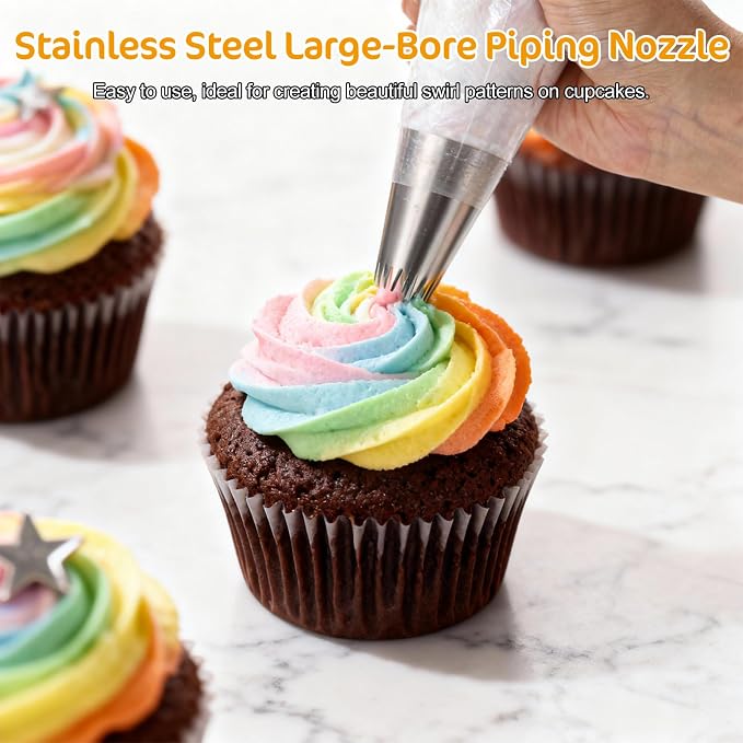 5Pcs 9FT Large Piping Tips for Cake Decorating, Frosting Piping Kit, Stainless Steel Churro Piping Tip, Extra Large Piping Tips, Open Star Pastry Tips, Cake Decorating Kit for Cupcake Cookie