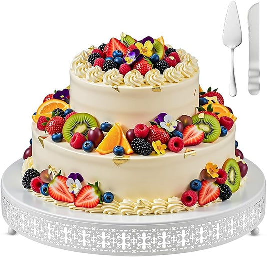 Wenqik White Cake Stand 20 Inch Metal Round Cupcake Dessert Stand with Cake Cutting, Spatula Cookies Cupcake Pastry Display Candy Holder Fruit Serving Tray for Wedding Birthday Party