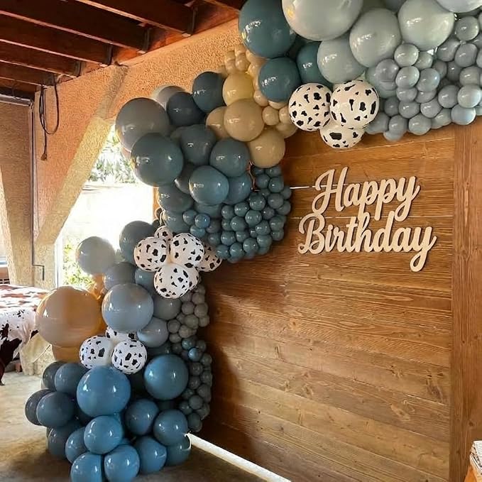 Cowboy Balloons Garland Arch Kit - 5 10 12 18 inch Brown Slate Blue Dusty Blue Sand White Cow Print Balloons for Anniversary, Baby Shower, Birthday, Farm, Western, Cowboy Party Decoration