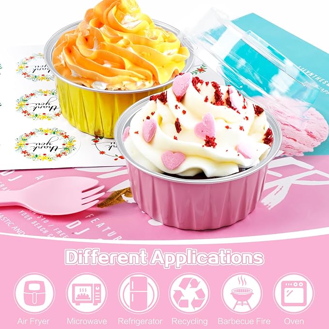 60Pcs Mini Cake Pans with Lids Aluminum Foil, ZOXILEN 5oz Disposable Mini Loaf pans with Lids and Spoons, Small Baking Cups Pie Tins Muffin Pan Cheesecake Containers for Party Pink Round