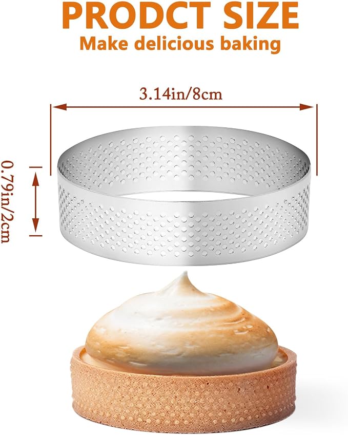Aringfes10 Pcs 3.14 Inch 304 Stainless Steel Tart Ring, Heat-Resistant Perforated Cake Mousse Ring, Round Ring Baking Small Fruit Tarte Crust Tools (8cm)