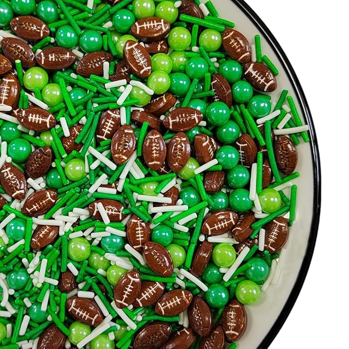 Football Sprinkles for Baking, Edible Sugar Pearl Green White Jimmies Sprinkles for Cake Cupcake Toppers Cookie Donuts Ice Cream Toppings