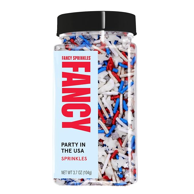 Fancy Sprinkles Party in the USA Sprinkles | Red, White, Blue & Silver Jimmies, Glitter Stars & Metallic Hexagons | 4th of July Cake & Cookie Decorating | 1 Pack (0.5c)