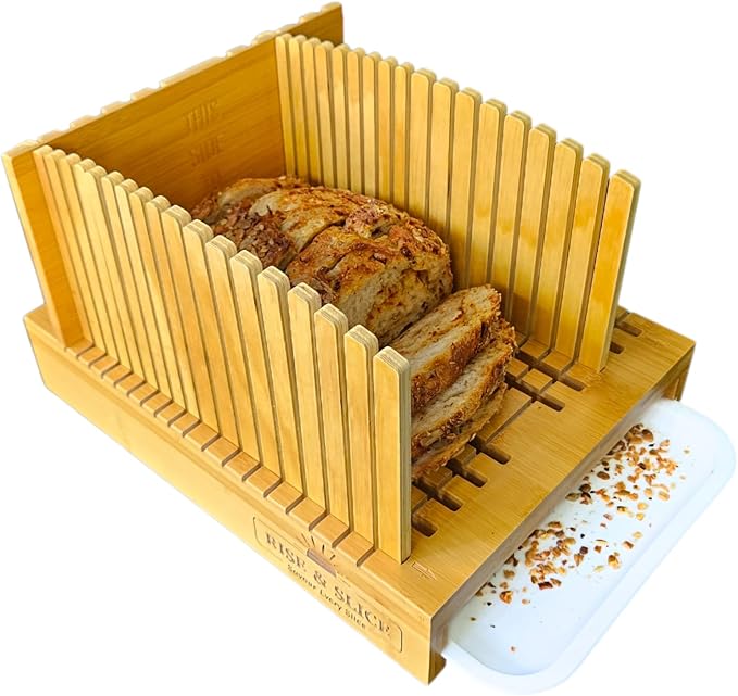 Bamboo Bread Slicer Guide for Homemade Bread, 8" Wide Cutting Board for Sourdough Loaves, Adjustable Widths and 3 Size Thickness with Crumb Tray.
