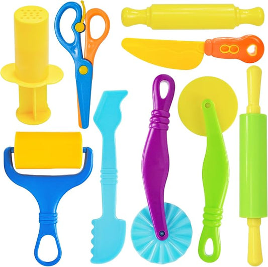 Dough Tool Set, 9 Pcs Basic Dough Tools Kits for Kids, Dough Accessories Includes Cutters Roller, Rolling Pins, Safety Scissors, Plastic Knife