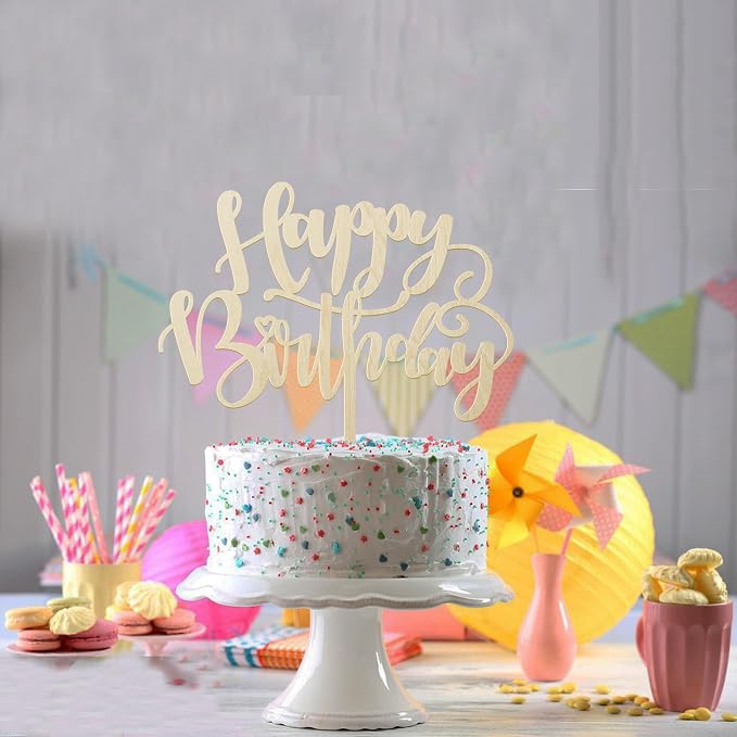 Handmade Glitter Happy Birthday Cake Topper,Birthday Party Cake Decorations, Anniversary/Birthday Party Decoration Supplies (Wooden)