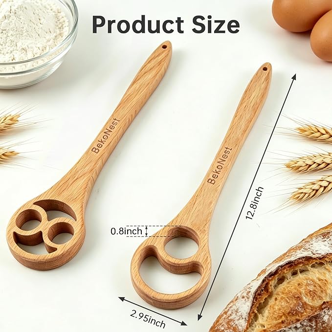 Danish Dough Whisk, 2 Pack Wooden Sourdough Bread Whisk, Seamless One-Piece Premium Beech Wood Dutch Dough Whisk for Sourdough Bread, Pizza Crust, Pastry, Pasta, Easy to Clean & Store