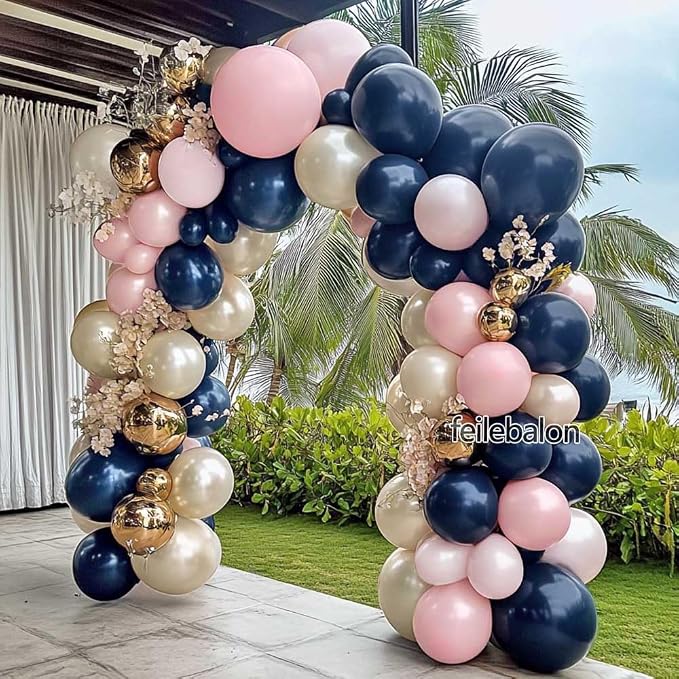 Navy Blue Pink Gold Balloon Arch Kit Double Stuffed Dark Blue, Pastel Light Pale Pink, White Sand Pearl Balloon Garland for Birthday Baby Shower Gender Reveal Wedding Graduation Party Decoration