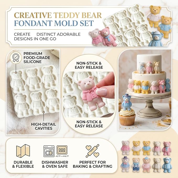 2Pcs 6-Cavity Dressed Bear Silicone Fondant Mold Teddy Bear Candy Molds for Cake Decorating, Cupcake Toppers, Chocolate, Polymer Clay, Jelly, Lollipop, Gender Reveal Desserts