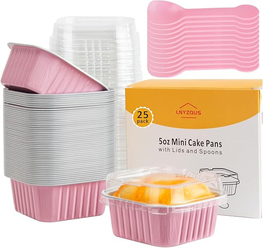 LNYZQUS Mini Cake Pans with Lids 25 Pack,5oz Foil Individual Cupcake Baking Cups for Oven, Small Muffin Tin Single Baking Containers, Disposable Ramekins for Valentine Holiday Bake Sale-Pink