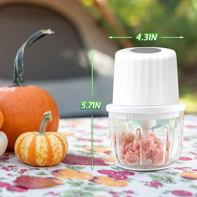 Mini Electric Garlic Chopper 300ML GLASS Food Processor Cordless | Type-C Rechargeable Mincer for Vegetables Puree, Stainless Steel Blades, BPA Free, with Scraper Splash Guard Charging Cord