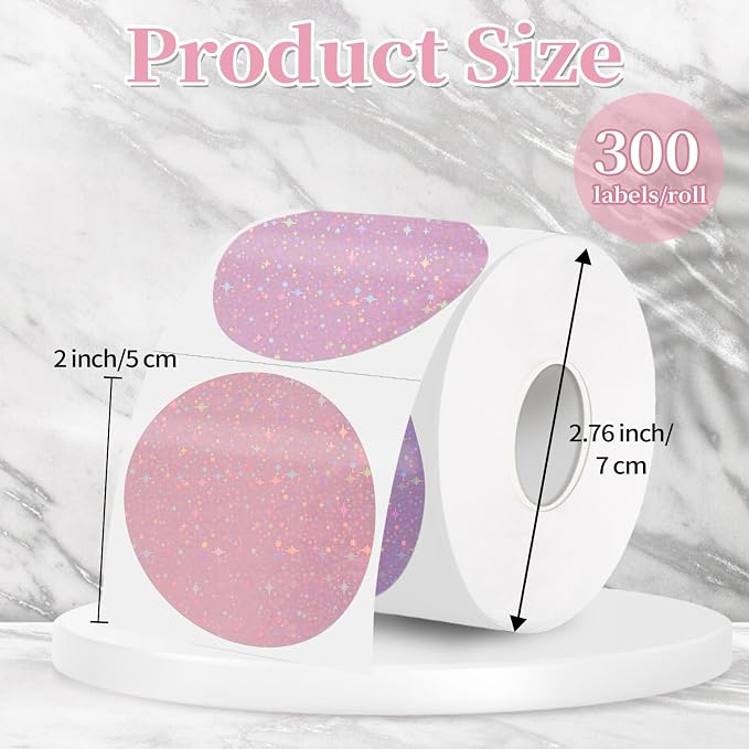2''Holographic Thermal Label,Round Self-Adhesive Direct Thermal Label,for DIY Logo Design,Name Tag (300/Roll Pink Gradient)