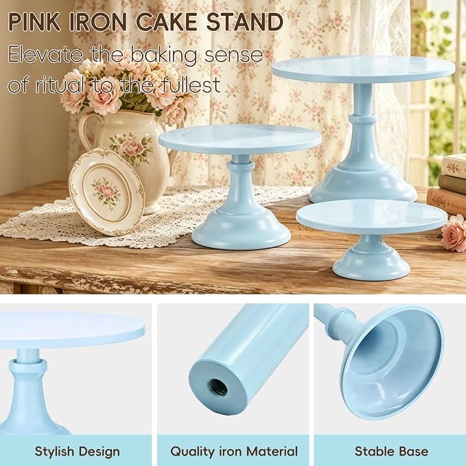 Three-piece Cake Stand Set, Metal Round Trays, 8-inch, 10-inch, and 12-inch, for Dessert Table displays; Perfect for Christmas, Thanksgiving, Birthdays, Weddings, and Other Celebrations(Blue)