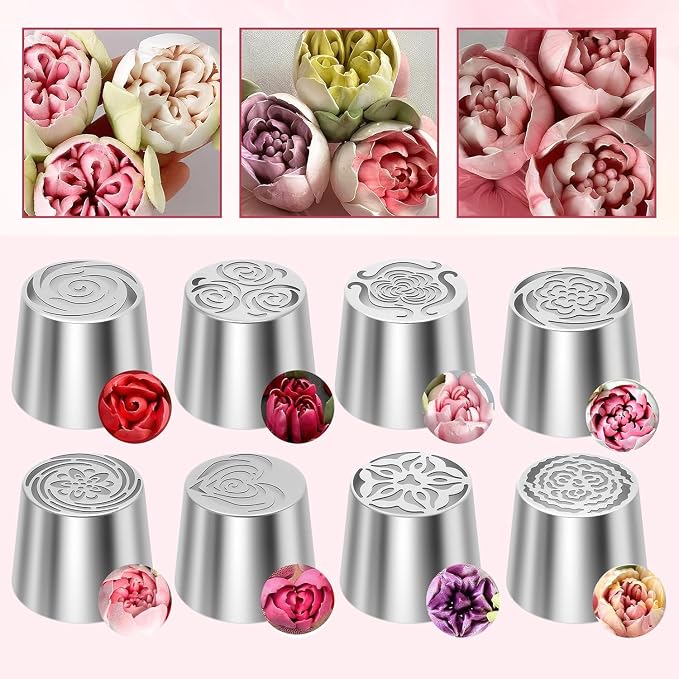Russian Piping Tips Set, 8 Flower Patterns, Stainless Steel, Extra Large Bouquet Cream Nozzles for Cake Decorating