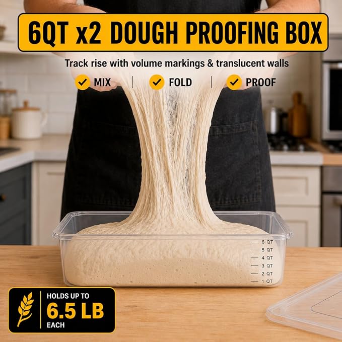 Sourdough Proofing Containers, 2 Pack 6QT Clear Dough Rising Boxes with Lids, Stackable Bulk Fermentation Containers for Bread Baking, Sourdough & Pizza Dough
