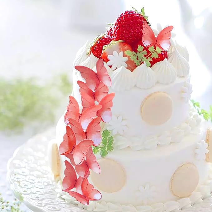 52 pcs edible wafer paper butterfly cake decoration, Cupcake topper multicolor butterfly decorative paper suitable for weddings birthdays Christmas cocktails (Watercolor red)