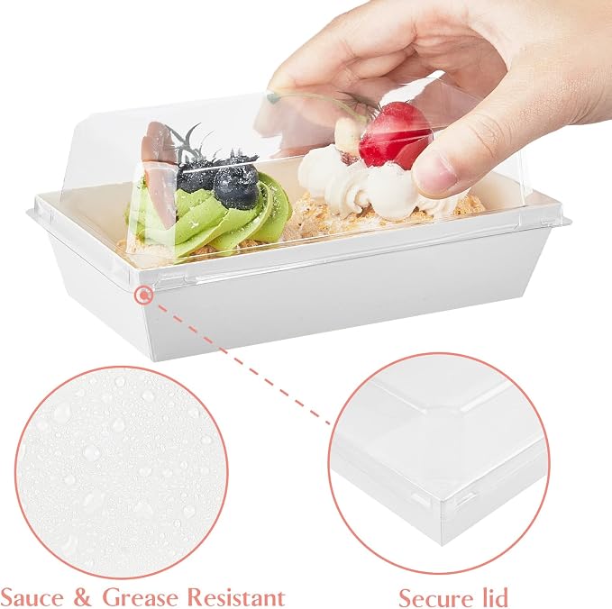 Ocmoiy Small Charcuterie Boxes with Clear Lids, 6x3 Inches, 50 Pack, White | To Go Paper Sandwich Containers, Disposable Bakery Treat Boxes, For 2 Cupcakes, Dessert, Muffin, Hot Cocoa Bomb, Strawberries