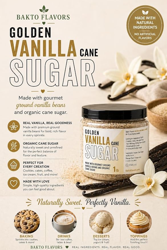 Bakto Flavors Golden Vanilla Cane Sugar, 1-pound Jar