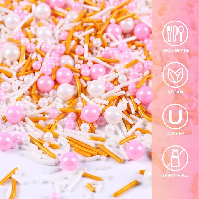 Pink White and Gold Sprinkles, 3.52oz Edible Pink Sprinkles for Cake Decorating Cupcakes Baking Ice Cream Cookie Wedding Valentines Party Decoration