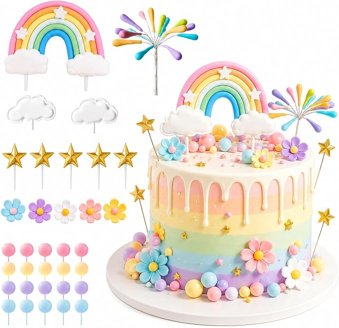 34Pcs Rainbow Cake Topper, Pastel Rainbow Cake Decorations with Daisy Flower Heads, Cloud, Gold Star, Firework & Ball Toppers for Birthday Cake Cupcake Party Decor