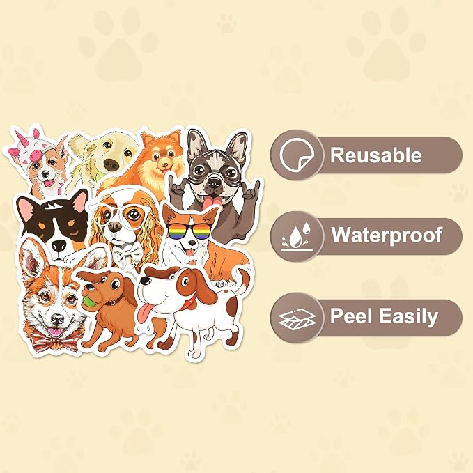 50 Pcs Cute Dog Stickers for Scrapbooking, Waterproof Vinyl Puppy Stickers for Laptops Water Bottles Journals, Funny Dog Breed Decals Kids Teens Adults Pet Lovers