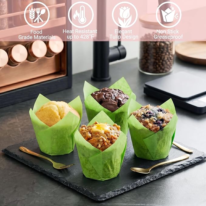 200 Pcs Green Tulip Cupcake Liners for Baking, Standard Size | Standard Greaseproof Tulip Muffin Liners for Baking, 3oz Green Paper Cupcake Wrappers for Party Wedding Birthday