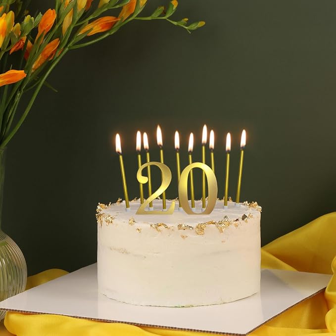 3.7IN Gold Acrylic Number 20 Cake Topper with 12 Gold Long Candles - Perfect for 20th Birthday Party Supplies, Ideal for Cake Decoration