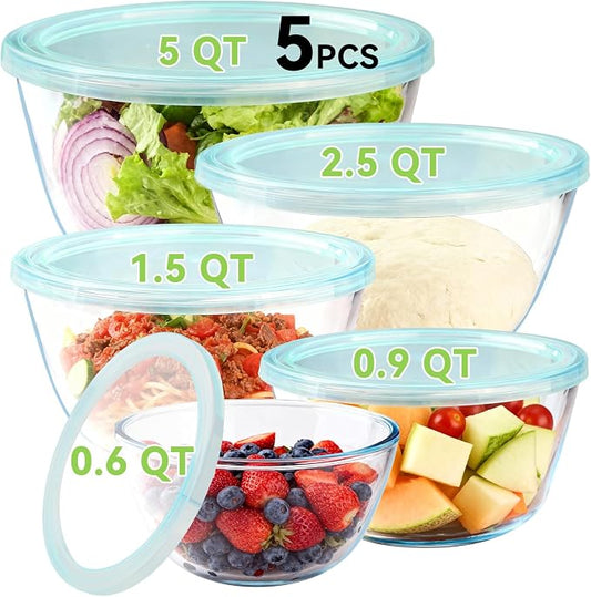 YUANYE 5 Pack Glass Mixing Bowls with Lids Set (5QT/2.5/1.5/0.9/0.6QT), Thick Glass Large Salad Bowl Set, Nesting Kitchen Bowls for Serving,Prepping,Cooking and Baking,Dishwasher,Oven,Microwave Safe