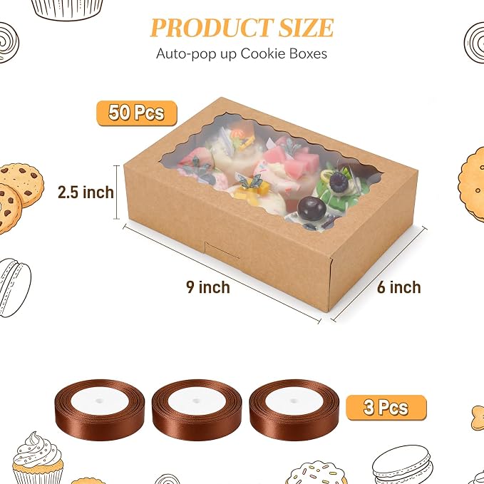 COTOPHER Auto Pop Up Cookie Box with Window 9x6x2.5 Inches – 50 Pack Brown Bakery Boxes with Ribbon for Birthday Party Favors, Wedding, Christmas Gift Packaging for Cookies, Candy, Macarons