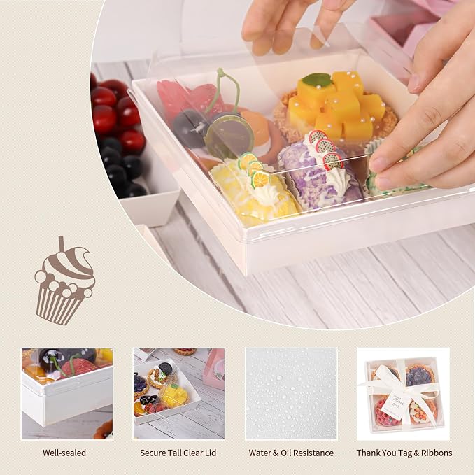 7 x 7 x 2.6 Inches Large Charcuterie Boxes with Clear Lids, 50 Pack Disposable Square Kraft Bakery Boxes, To Go Paper Food Container for Cake Slices, Sandwiches, Cookies, Dessert (White)