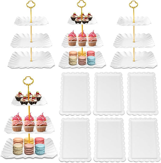 10 Pack Dessert Table Display Set, 4 Three-Tier Square Cupcake Stands and 6 Serving Trays for Cakes, Cupcakes, Pastries and Snacks, Baby Shower Decorations, Bridal Shower, Birthday, Wedding Party