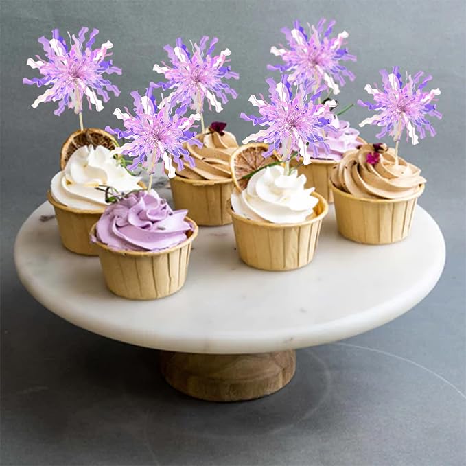 Gyufise 30Pcs Foil Firework Cupcake Toppers Happy Birthday Cake Toppers Tinsel Flower Drink Stirrers Cocktail Food Fruit Toothpicks for Valentine's Day Party Birthday Wedding Supplies Purple