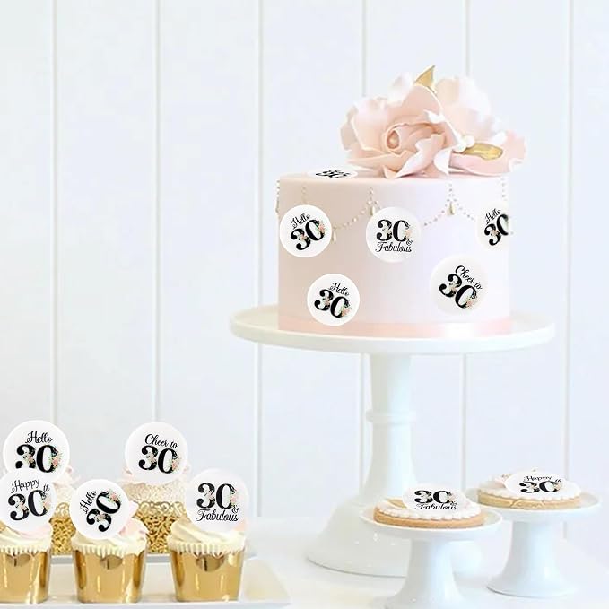 40Pcs Edible Circle Happy 30th Birthday Cupcake Toppers Edible Floral Hello 30 Fabulous Cheers to 30 Cupcake Picks Drink Toppers for Funny Female Floral 30th Birthday Party Decorations