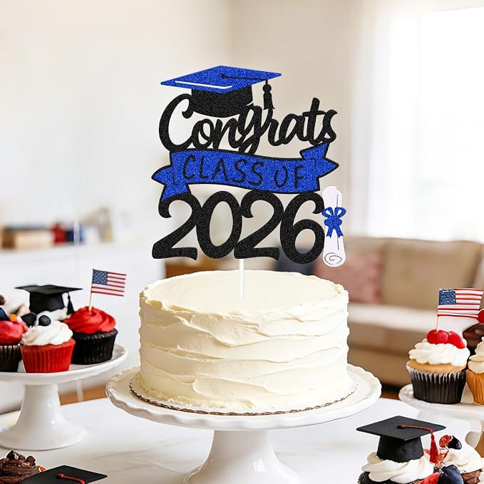 Congrats Class of 2026 Cake Topper Congrats Grad Cap Diploma Theme for High School Happy Graduation Party Supplies College Graduate Decoration (Black and Blue)