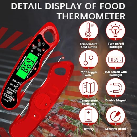 Meat Thermometer Digital，IP67 Waterproof Cooking Thermometer with Backlight, Calibration & Hold Function，Food Thermometer for Cooking,Outdoor Grilling