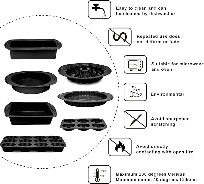 Aschef 9in1 Nonstick Silicone Baking Ring Cake Pan Cookie Sheet Molds Tray Heat Resistant Bakeware Tools Kit for Muffin Loaf Bread Pizza Cupcake Utensil