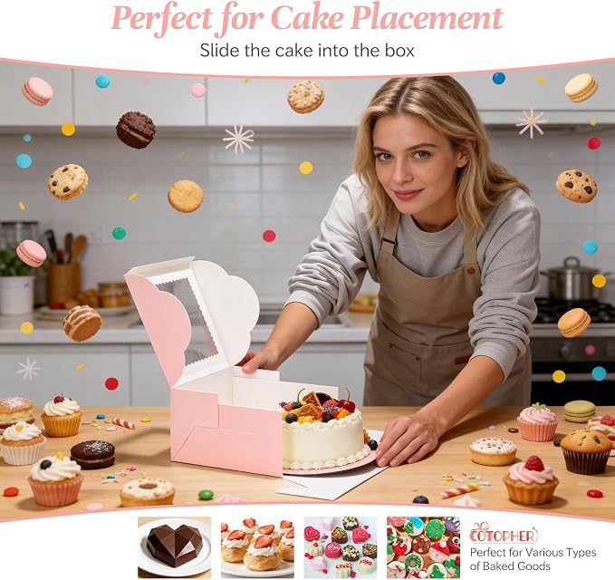 COTOPHER 50 Pcs Cake Boxes 8 Inch, 8x8x5 Inches Cake Containers (25 Boxes & 25 Boards), Pink Bakery Boxes with Windown for Cookies, Desserts, Cupcake, Pastries, Birthday, Wedding, Mother's Day