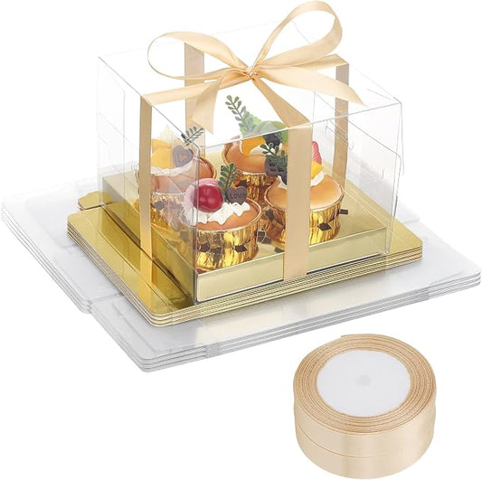 EUSOAR Cupcake Containers, 18 Pack Gold Bakery Mini Cake Take out Boxes 4 Count with Gift Ribbon, Assembly Plastic Dessert Pastry Holder Disposable Cookies Wrappers for Birthday Wedding Party Favors