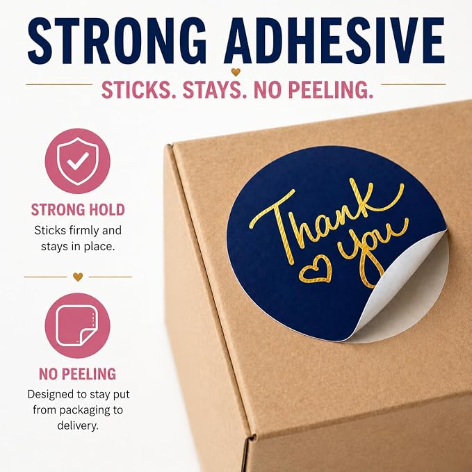 500 2 inch Thank You Stickers – Round Labels with Gold Foil Heart (Black, White, Pink, Navy)– Large Stickers for Small Business Packaging, Envelopes, Gift Bags & Orders – Self-Adhesive Seals