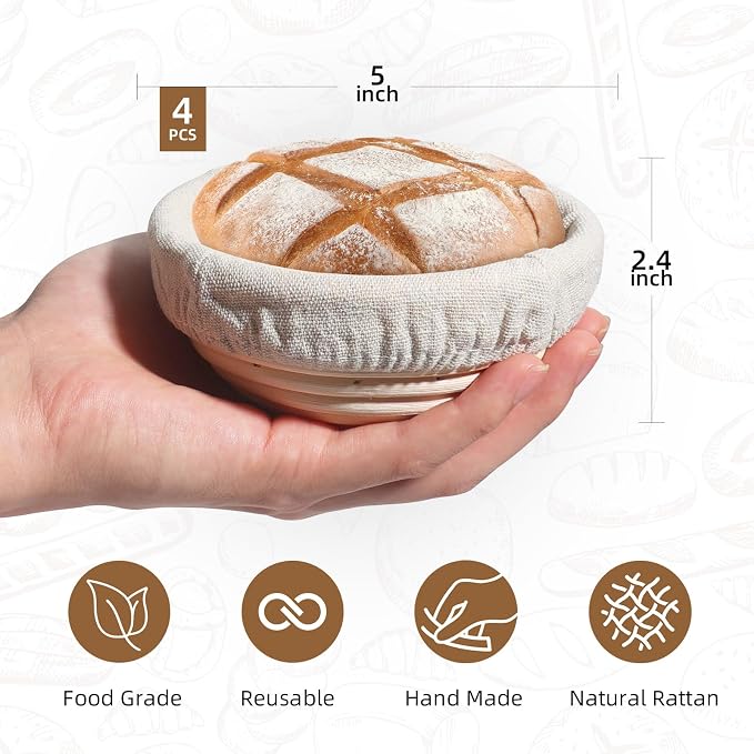 RYTOXILO Mini Banneton Basket Sourdough Starter Kit, 5 inch Round Bread Proofing Basket Set with 24 Oz Glass Sourdough Jar, 13 Pcs Bread Making Kits for Beginners with Sour Dough Baking Supplies