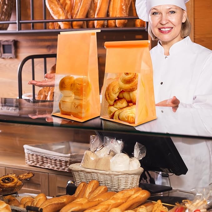 50 Pack Bakery Bags with Window - Reusable Kraft Paper Bread Bags with Tin Tie Tab Lock, Can Stand Upright, Orange