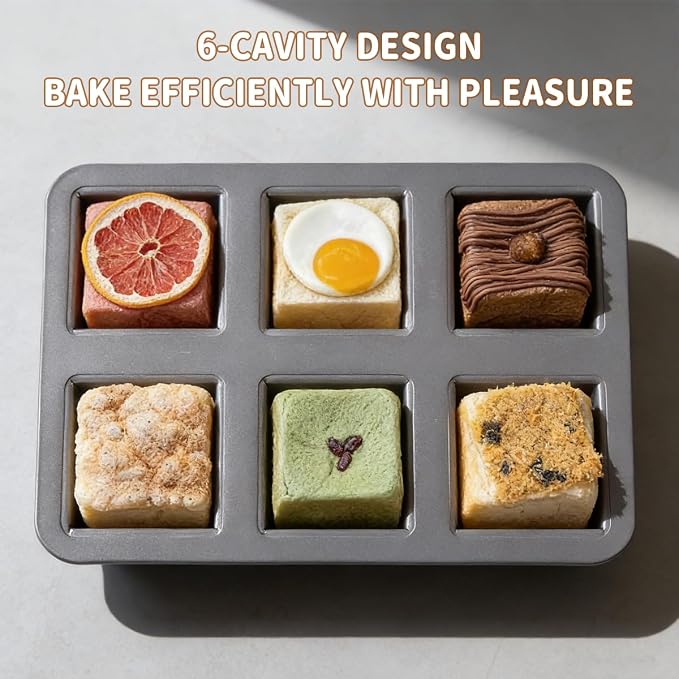 6-Cavity Mini Pullman Loaf Pan with Lid, Mini Loaf Pan 2.4 x 2.4 x 2.4 inch Square Bread Baking Mold, Nonstick Heavy Duty Carbon Steel Toast Box with Cover for Homemade Sandwich, Milk Bread, Meatloaf