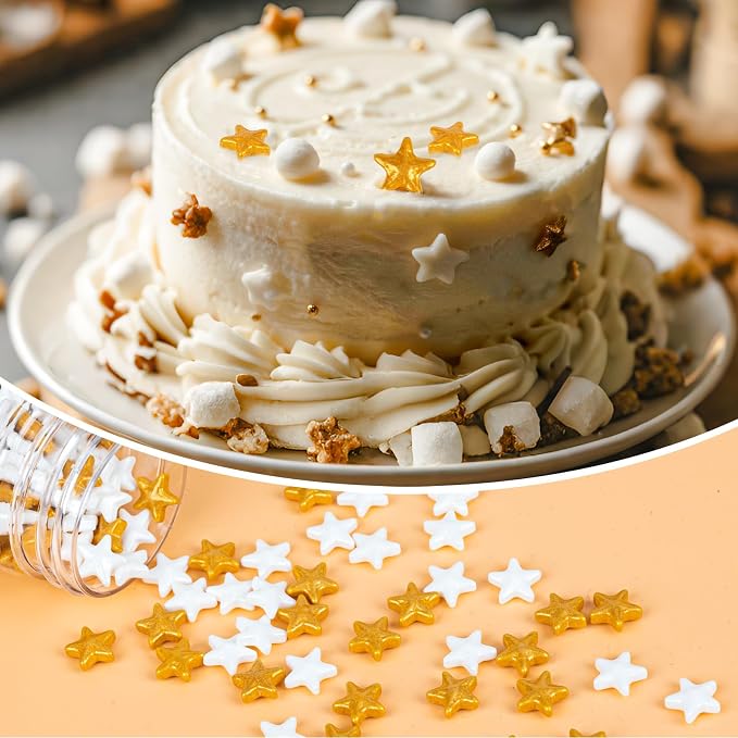 Twisweet Edible Star Sprinkles, Gold and White Stars for Cake Decorating, Golden Sugar Sprinkles for Baking, Mix Gold Candy Star, Cake Topper Ice Cream Cupcake Cookie Toppings Dessert Decorations, Christmas Wedding Birthday Party Festival Supplies (130...