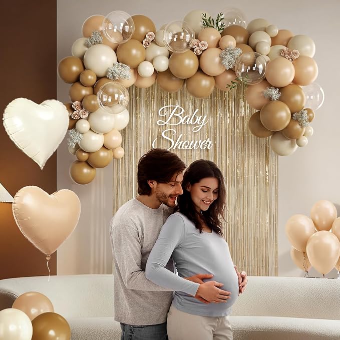 Boho Neutral Brown Balloon Garland Arch Kit with Champagne Fringe Curtain for Baby Shower Wedding Earth Tone Birthday Bridal Brunch Minimalist Anniversary Party Decorations
