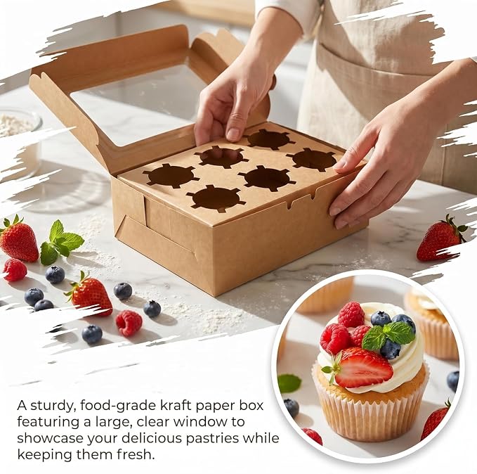Jucoan 50 Pack Kraft Cupcake Box with Insert and Window Hold 6 Standard Cupcake, Food Grade Cupcake Carrier Container, Brown Bakery Box for Pastry, Cookies, Small Cake, Desserts Treat
