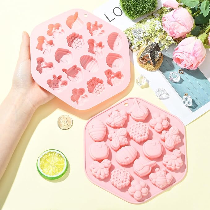 Ipotkitt 2pcs Pink Bee Theme Silicone Candy Molds Insect Animal Spring Theme Gummy Molds for Jelly Fondant Chocolate Candy Mousse Ice Cake DIY Crafts Keto Fat Bomb