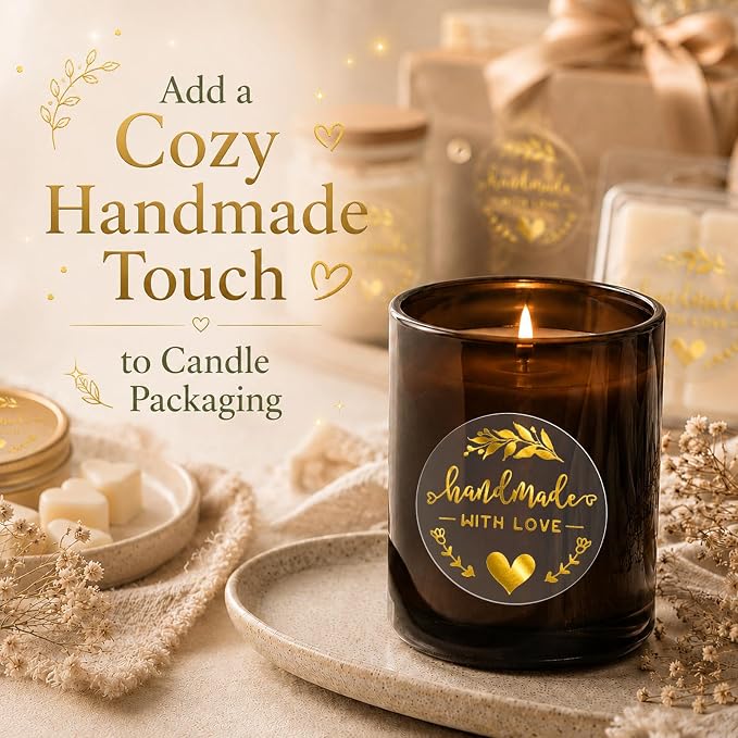 100PCS Handmade with Love Stickers, Transparent Gold Foil Labels for Boutique Small Business Packaging, Elegant Gift Wrapping Seals for Candle Bakery Soap Handmade Orders, 1.6"