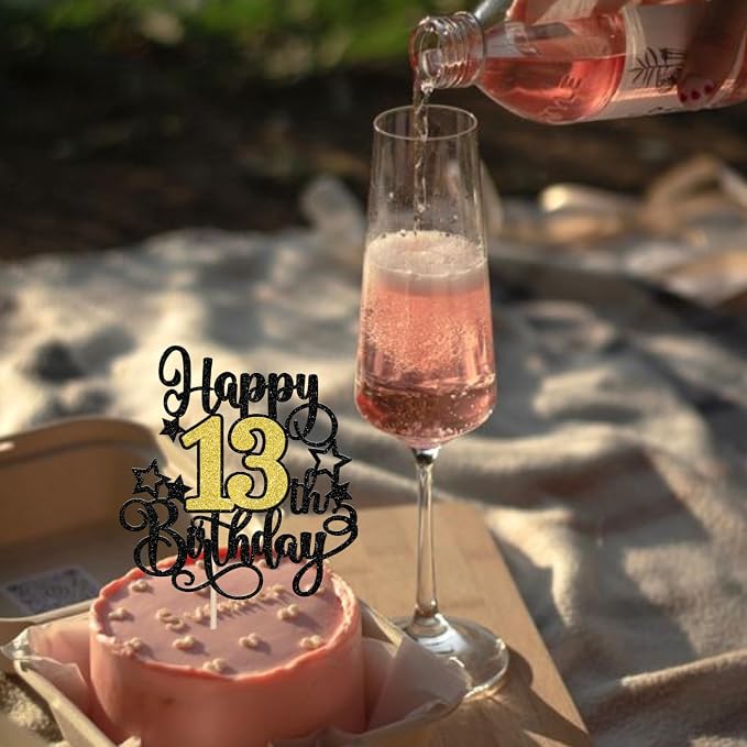 1 PCS Happy 13th Birthday Cake Topper Black Gold Glitter Cheers to 13 Years Birthday Cake Pick Hello 13 Fabulous Cake Decoration for Happy 13th Birthday Anniversary Party Decorations Supplies