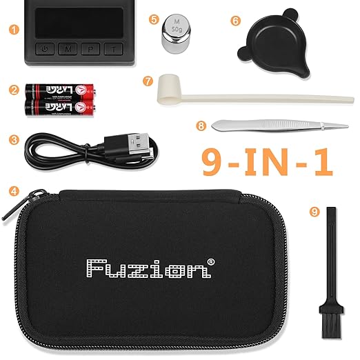 Fuzion Digital Milligram Scale 50g/0.001g, Mg Scale 9-in-1 Kit | Includes Portable Carry Bag, 50g Calibration Weight, USB-C & Battery, Powder Scale for Capsule Filling, Supplement, Reloading